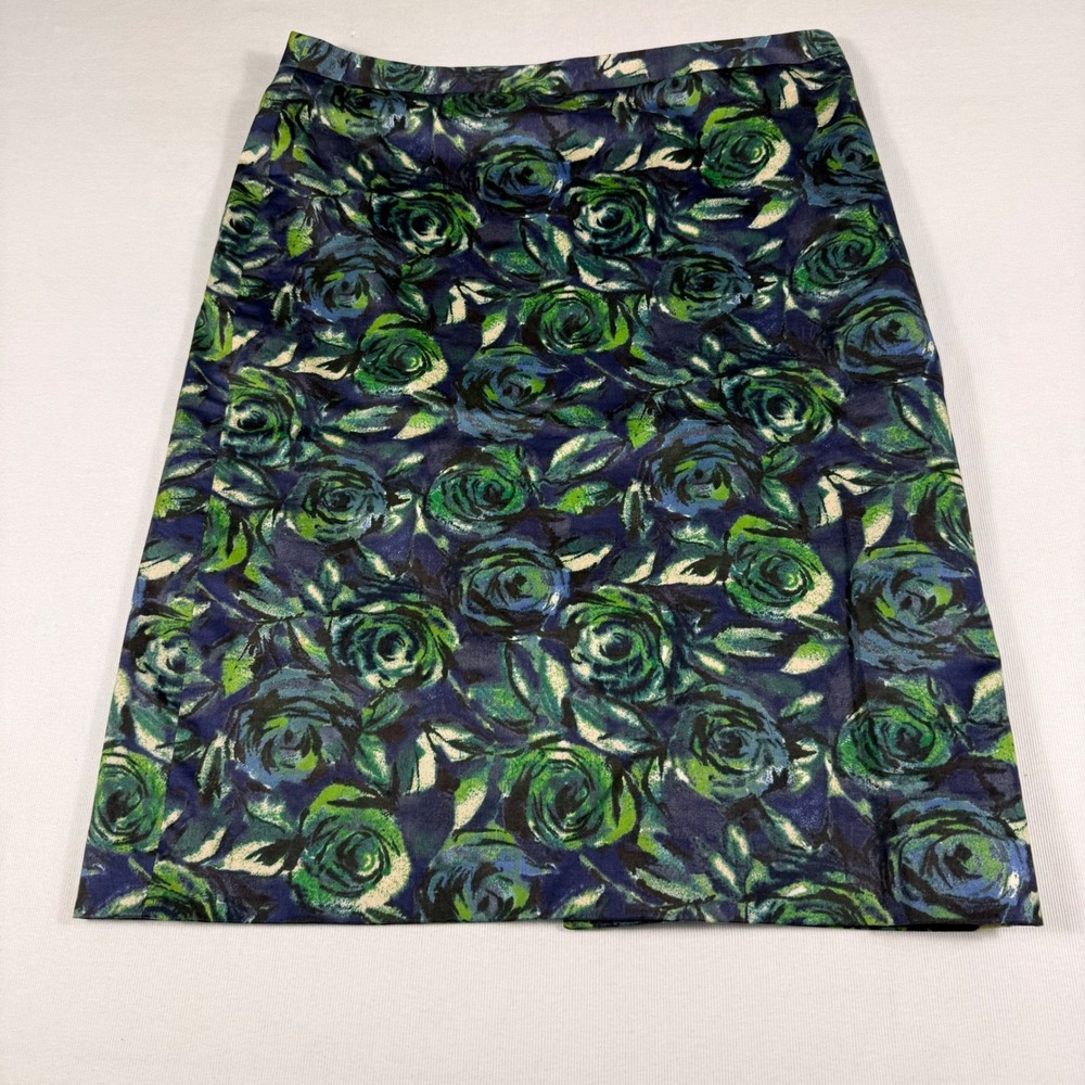 Ann Taylor LOFT Pencil Skirt 8 Green Navy Floral Rose Cotton Stretch Knee Length